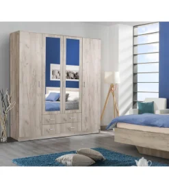 BellaHome Armadio "praga" 4 ante quercia e specchio, 160x52x205 cm Outlet