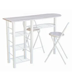 Tavoli-Banco cucina con due sgabelli in metallo bianco e legno, 120x40x88 cm