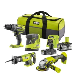 Ryobi Kit valigetta trapano avvitatore, smerigliatrice angolare, levigatrice palmare e seghetto gattuccio a batteria "r18dd3 + r18ag + rps18 + rrs1801" 2 batterie 18v 2ah/4ah Discount