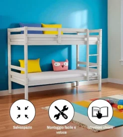 BellaHome Letti E Comodini-Letto a castello "lione" in pino massello bianco 199,5x97x150 cm