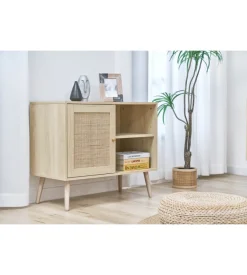 BellaHome Madia multifunzionale bella home con porta battente in rattan e 2 ripiani 80x39x67 cm New