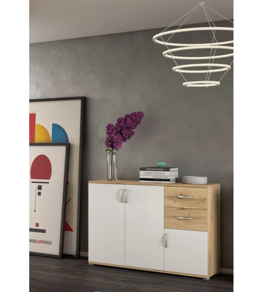 Mobile multiuso "londra 02" con 3 ante e 2 cassetti bianco e legno 120x35x83 cm Hot