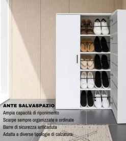 BellaHome Scarpiere-Scarpiera 2 ante con ante salvaspazio bianco 80x33,4x180 cm