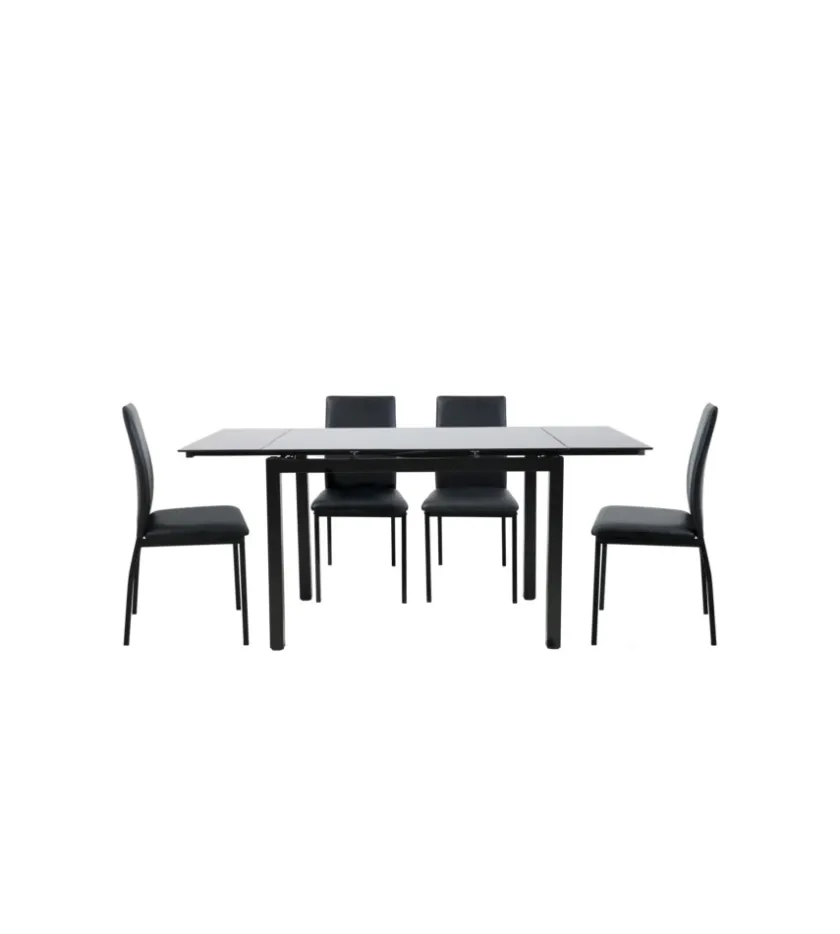 BellaHome Set pranzo "minorca" nero con tavolo estensibile in vetro 4 sedute Outlet