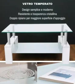 Tavolino da soggiorno "alva" bianco con top in vetro temperato 100x60x45 cm Hot