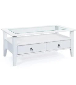Tavolini-Tavolino in legno con piano vetro e 2 cassetti, 115x45x60 cm